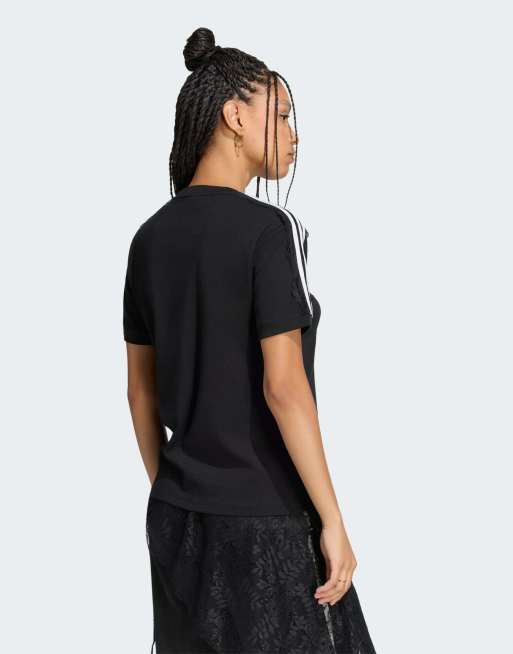 adidas Originals T-Shirt mit Spitze und 3 Streifen in Schwarz, 2 von 4