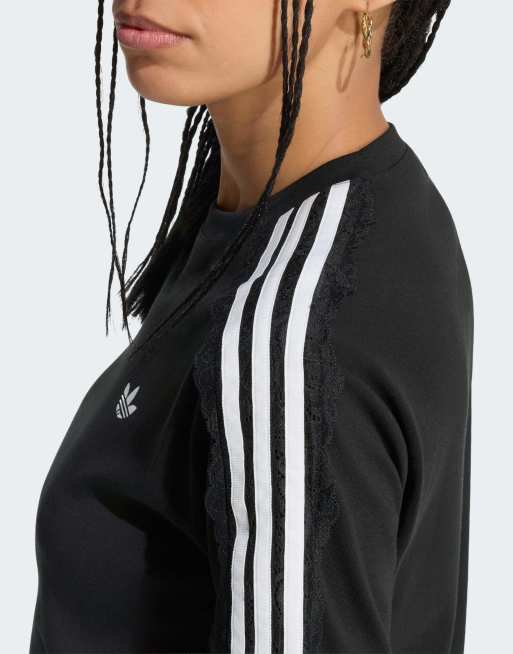 adidas Originals T-Shirt mit Spitze und 3 Streifen in Schwarz, 3 von 4