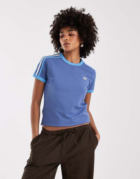 adidas Originals - T-shirt slim blu/blu chiaro/bianco con 3 strisce - view 1