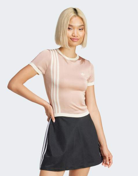 adidas Originals - T-shirt taglio corto in maglia beige con 3 righe - view 1