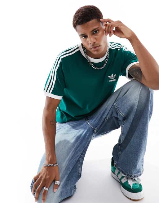 adidas Originals - T-shirt verde con 3 strisce e bordi a contrasto