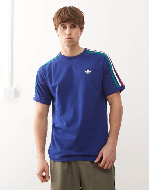 adidas Originals – T-shirt z 3 paskami w kolorze niebiesko-zielono-białym