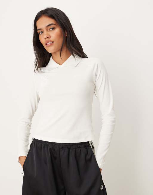 adidas Originals – T-shirt z długim rękawem i kołnierzem w kolorze złamanej bieli
