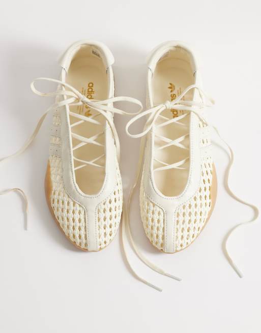 adidas Originals Taekwondo Mei Ballets with crochet detail in white and cream