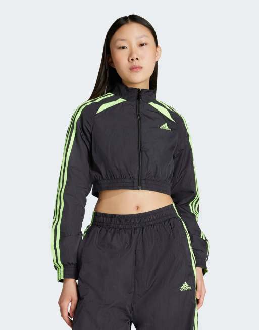 adidas Originals Teamgeist adicolor cropped track top in black / signal green