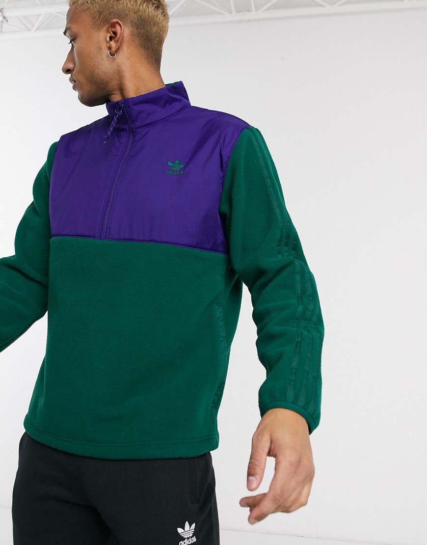 Adidas Originals – Tech – Grön fleecejacka med halvlång dragkedja och 3 ränder