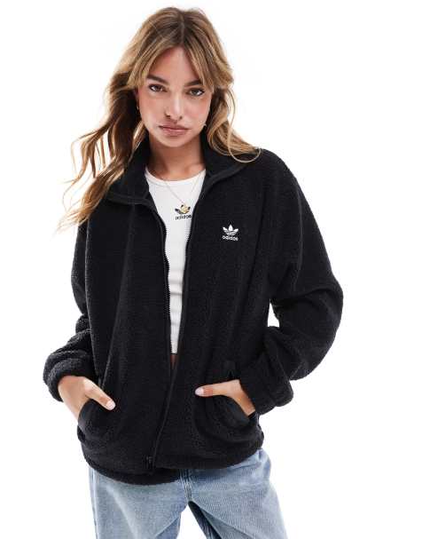 adidas Originals – Teddyfleece-Jacke in Schwarz mit durchgehendem Reißverschluss - view 1