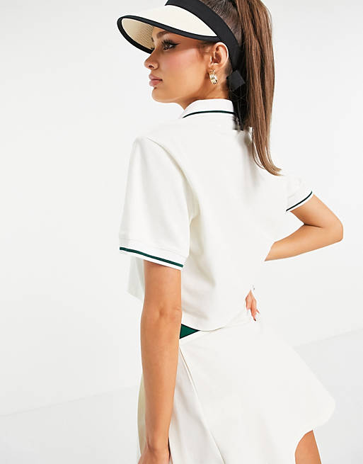 adidas Originals 'Tennis Luxe' logo cropped polo shirt in off white
