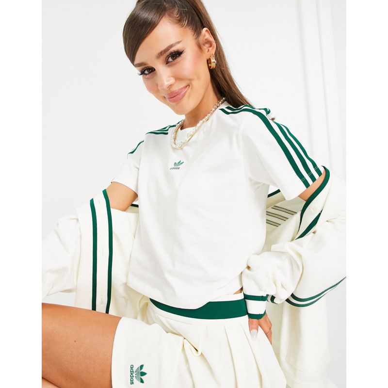 Donna Top adidas Originals - Tennis Luxe - T-Shirt corta con logo e tre strisce, colore bianco sporco
