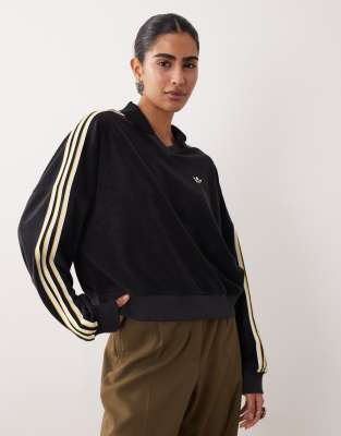 adidas Originals Terry towel v neck long sleeves polo shirt in black
