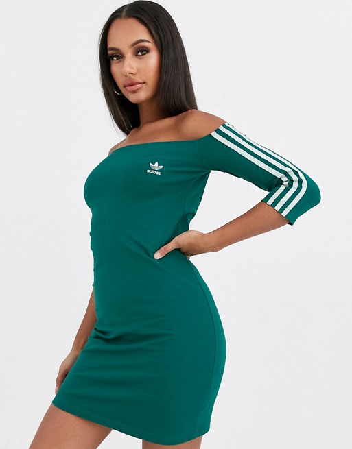 adidas Originals three stripe bardot dress in green