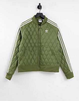 adidas Originals three stripe boyfriend quilted zip through track jacket  in khaki - ASOS Price Checker