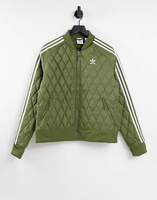 Coats & Jackets adidas Originals three stripe boyfriend quilted zip through track jacket  in khaki 