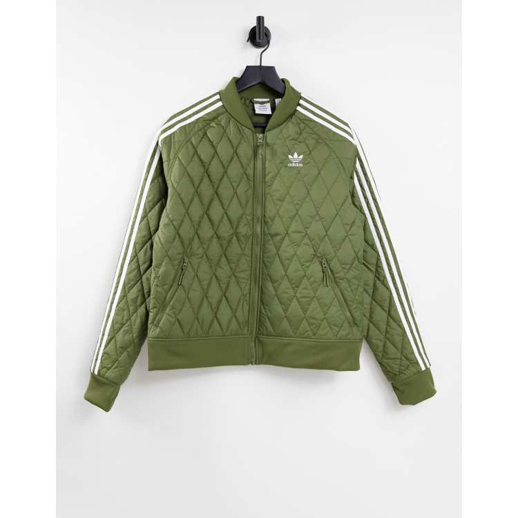 adidas Originals three stripe boyfriend quilted zip through track jacket in  khaki