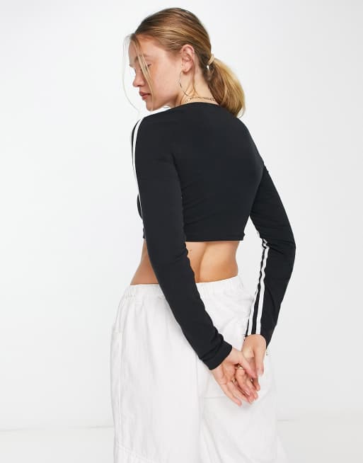 adidas Originals three stripe button down crop top in black