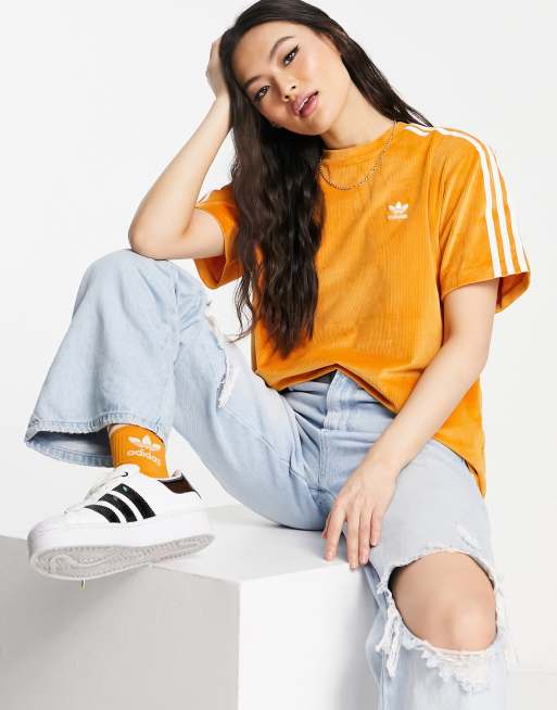 adidas Originals three stripe corduroy t-shirt in orange