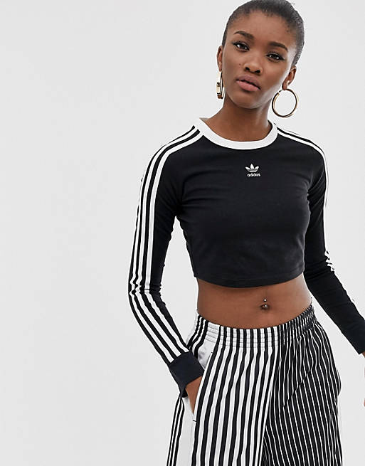adidas Originals three stripe cropped long sleeve top in black | ASOS