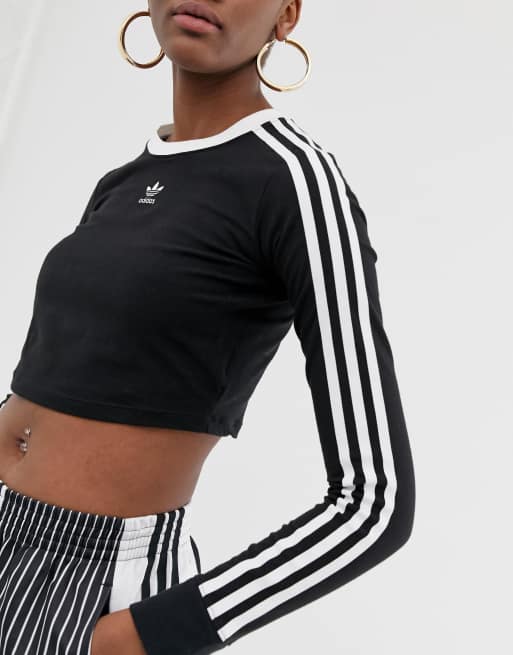 Adidas originals three stripe cropped hot sale long sleeve top in black