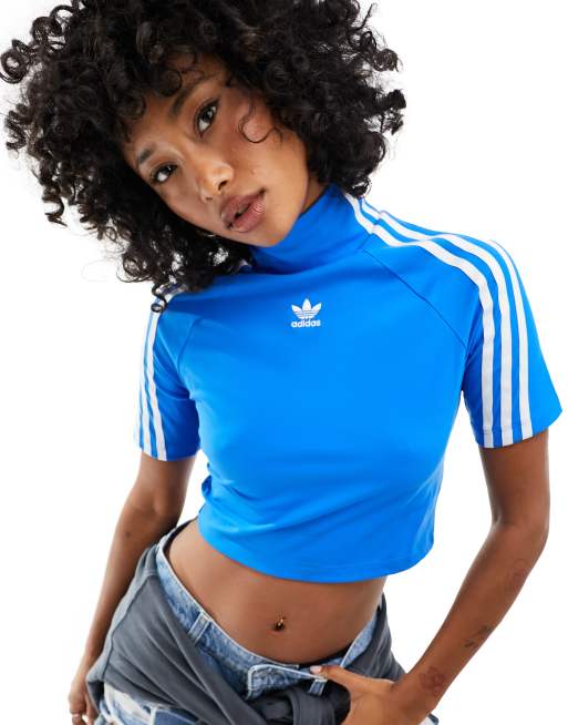 adidas Originals three stripe high neck crop top in blue | ASOS