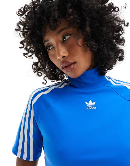 adidas Originals three stripe high neck crop top in blue ASOS