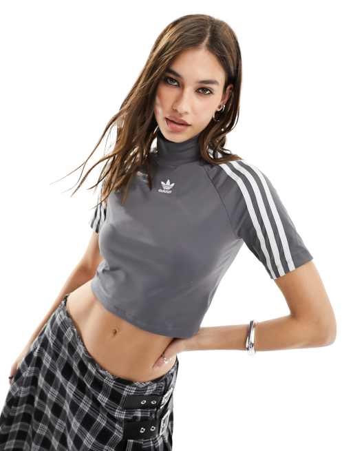 adidas Originals three stripe high neck crop top in grey ASOS