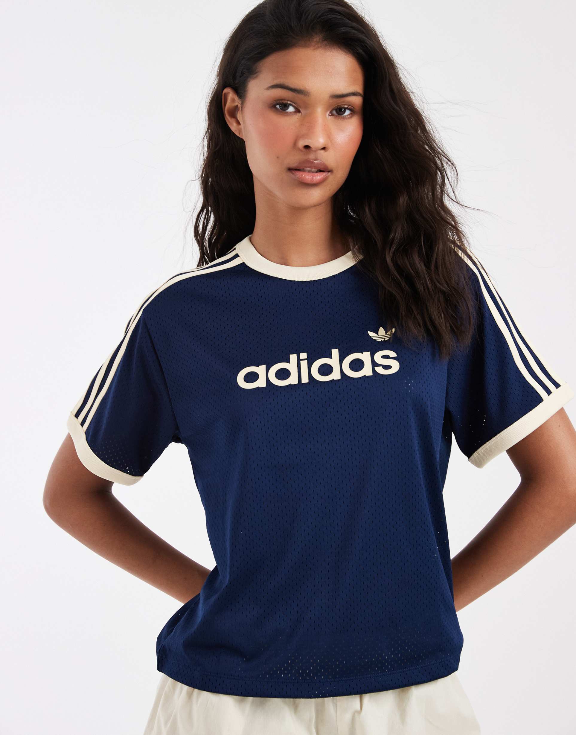 adidas originals three stripe jersey in navy and off white