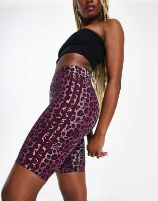 Adidas Originals Three Stripe Leopard Print Legging Shorts In Burgundy-red