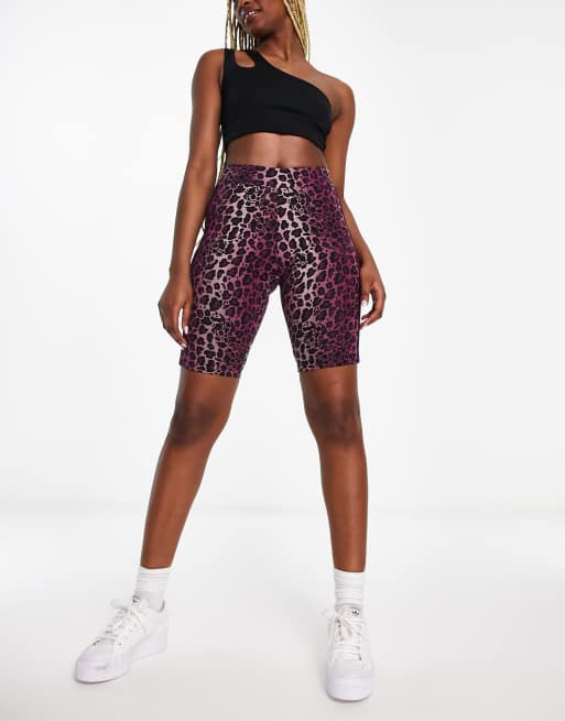 adidas Originals three stripe leopard print legging shorts in burgundy