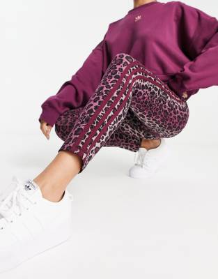 adidas Originals three stripe leopard print leggings in burgundy