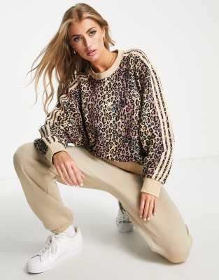 adidas Originals three stripe leopard print sweatshirt in beige