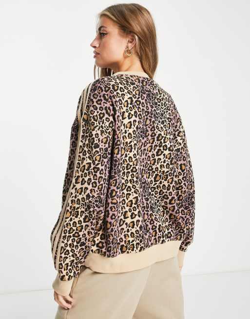 adidas Originals three stripe leopard print sweatshirt in beige and black