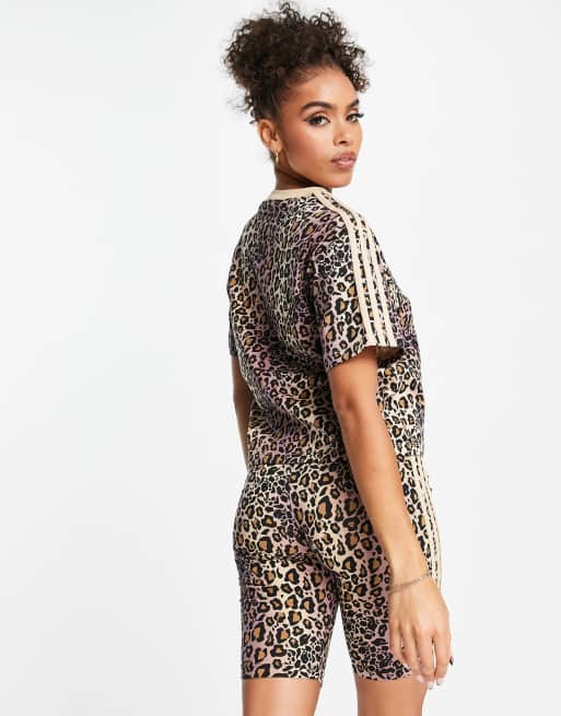 adidas Originals three stripe leopard print t-shirt in beige and black |  ASOS