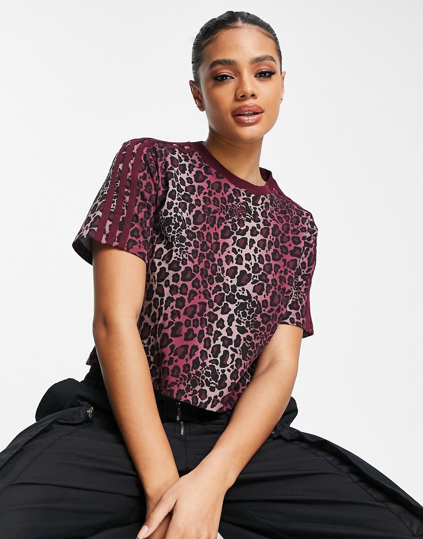 Adidas Originals three stripe leopard print t-shirt in burgundy-Red