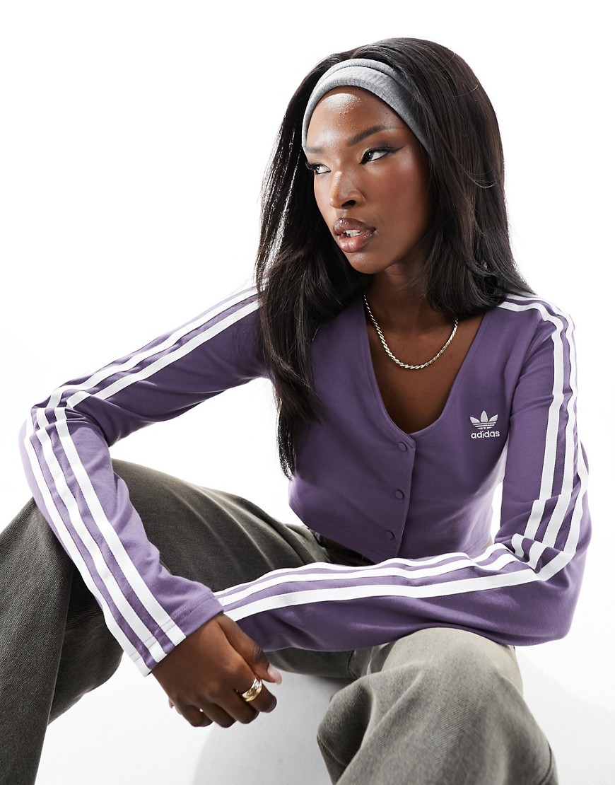 adidas Originals three stripe long sleeve crop top in purple