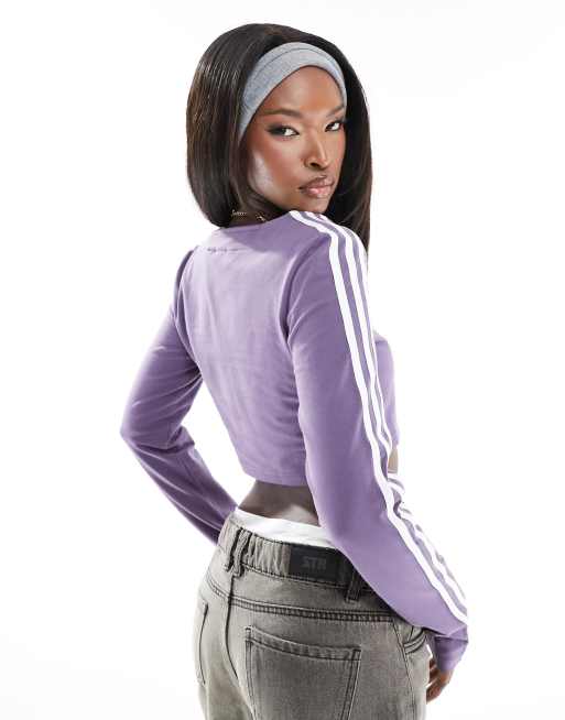 adidas Originals three stripe long sleeve crop top in purple