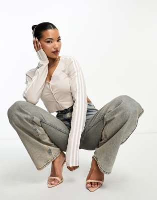 adidas Originals adidas Originals three stripe long sleeve crop top in wonder beige-Neutral