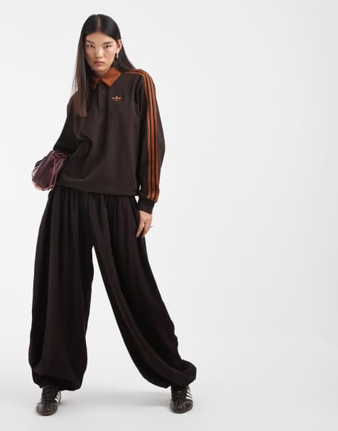 adidas Originals three stripe long sleeve polo in brown - view 1
