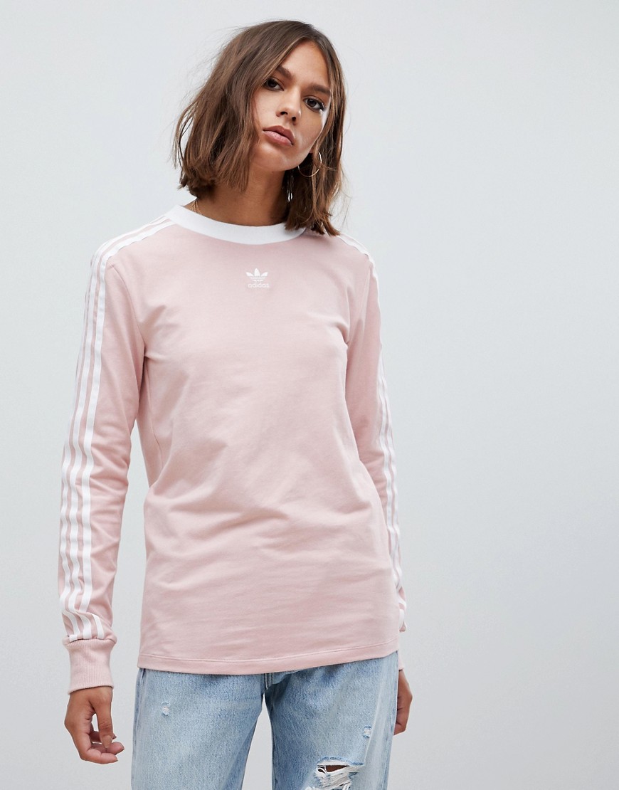 Adidas Originals Three Stripe Long Sleeve T-Shirt In Pink