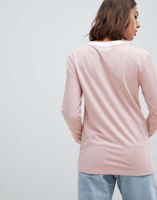 adidas originals three stripe long sleeve top in pink