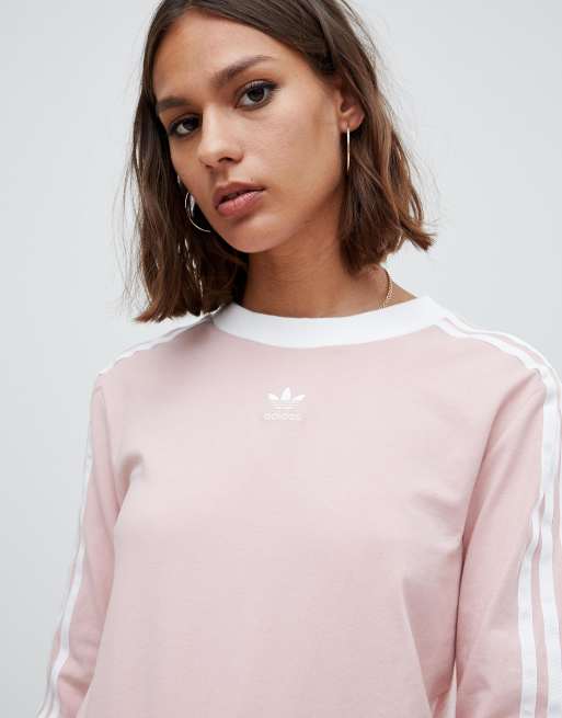 Adidas originals three stripe long sleeve store top in pink