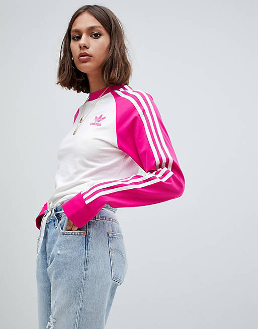 adidas Originals Three Stripe Long Sleeve T-Shirt In White And Pink | ASOS