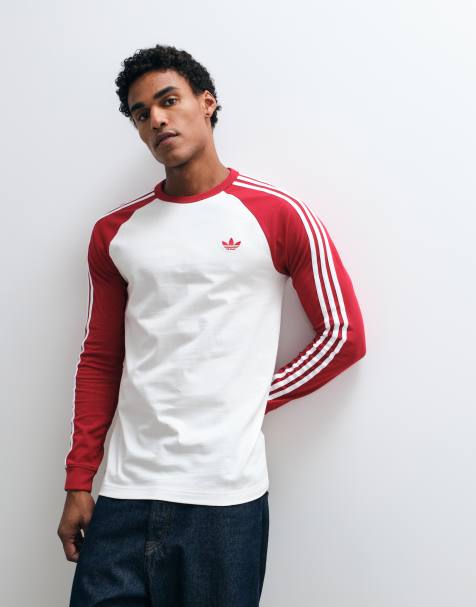 adidas Originals three stripe long sleeve t-shirt in white and red - view 1
