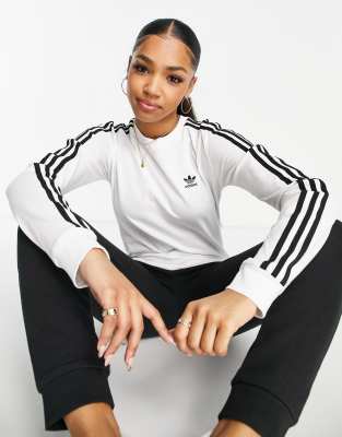 adidas Originals three stripe long sleeve t-shirt in white