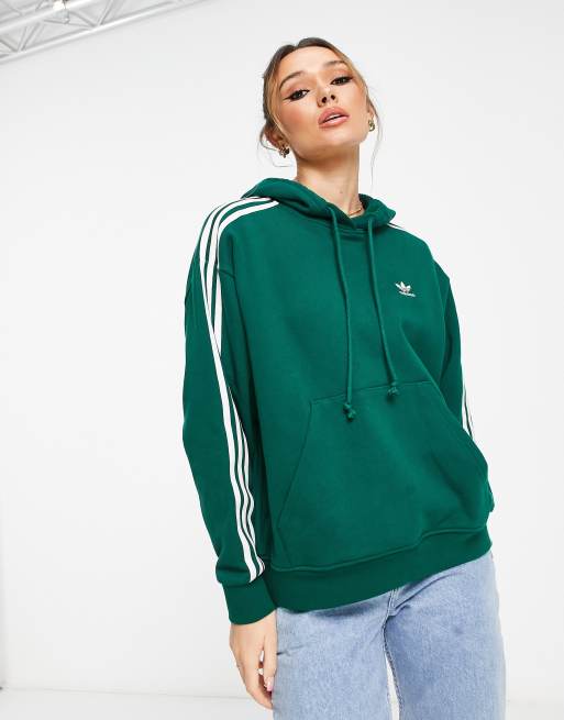 adidas Originals three stripe oversized hoodie in dark green