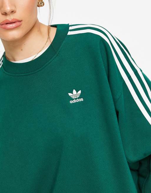 adidas Originals three stripe oversized sweatshirt in dark green