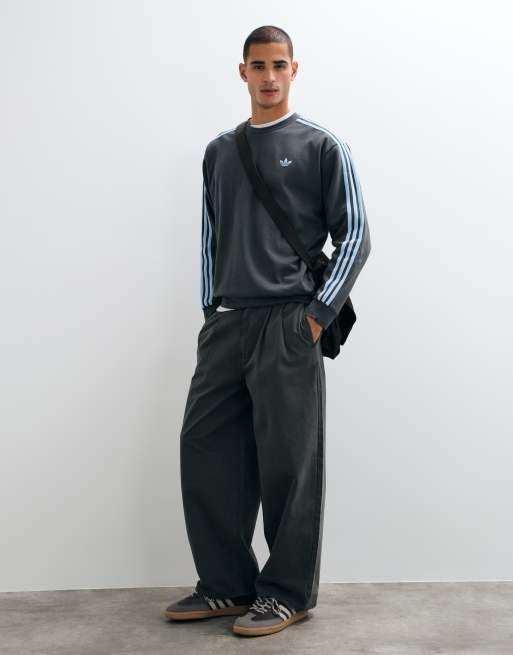 adidas Originals three stripe oversized sweatshirt in grey and blue, 4 of 5