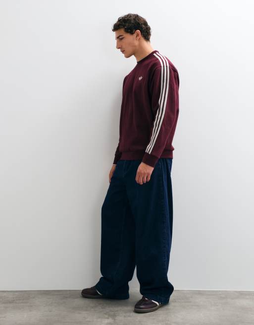 adidas Originals three stripe oversized sweatshirt in maroon / off white, 3 of 5