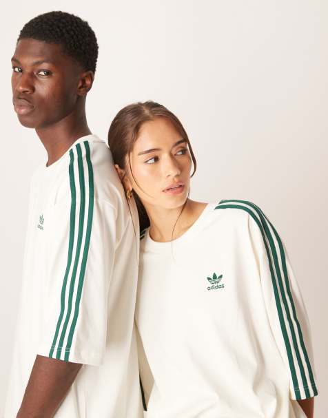 adidas Originals three stripe oversized t-shirt in off white and green - view 1