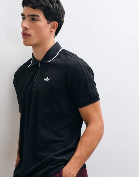 adidas Originals three stripe short sleeve polo in black - view 1