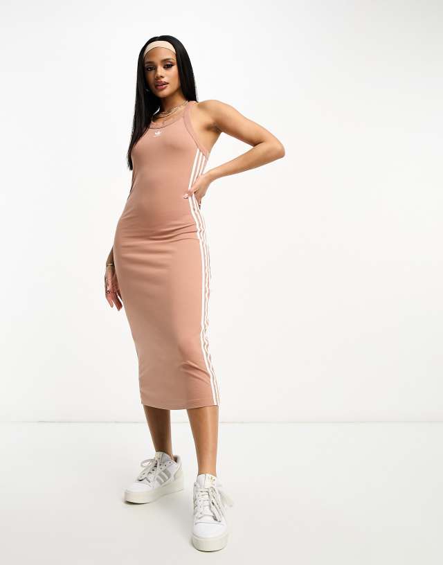 adidas Originals three stripe sleeveless midi dress in beige